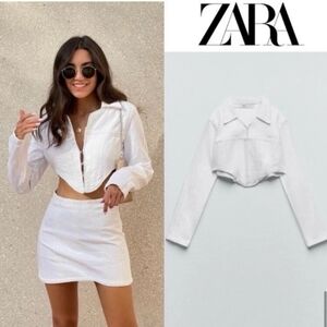 Zara Women's White Denim Jacket  corset cropped jeans jacket Sz XXL